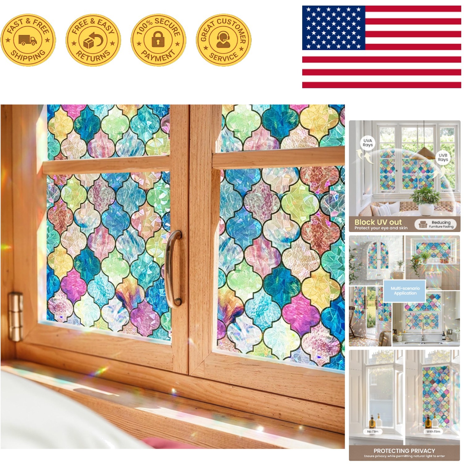 Elegant Stained Glass Window Privacy Film – Four-Leaf Clover Design, 17.5″x78.7″