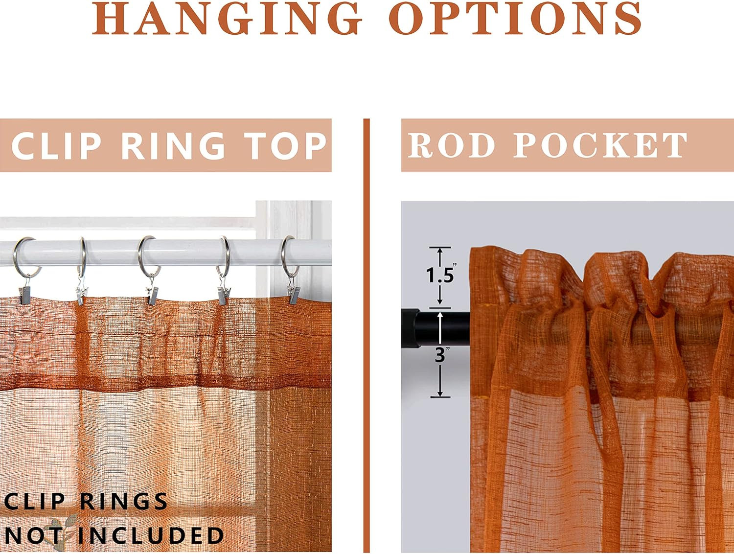 Burnt Orange Sheer Curtains 84 Inches Long, Boho Slight Linen Textured Retro Mid