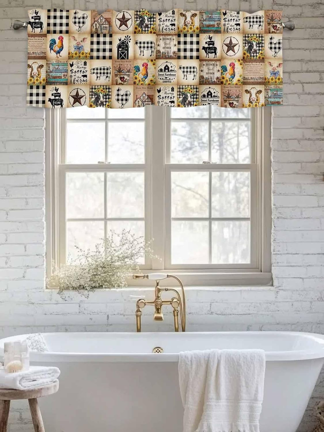 Farm Animal Window Valance,Cow Pig Valances for Kitchen Windows,Vintage Black Bu