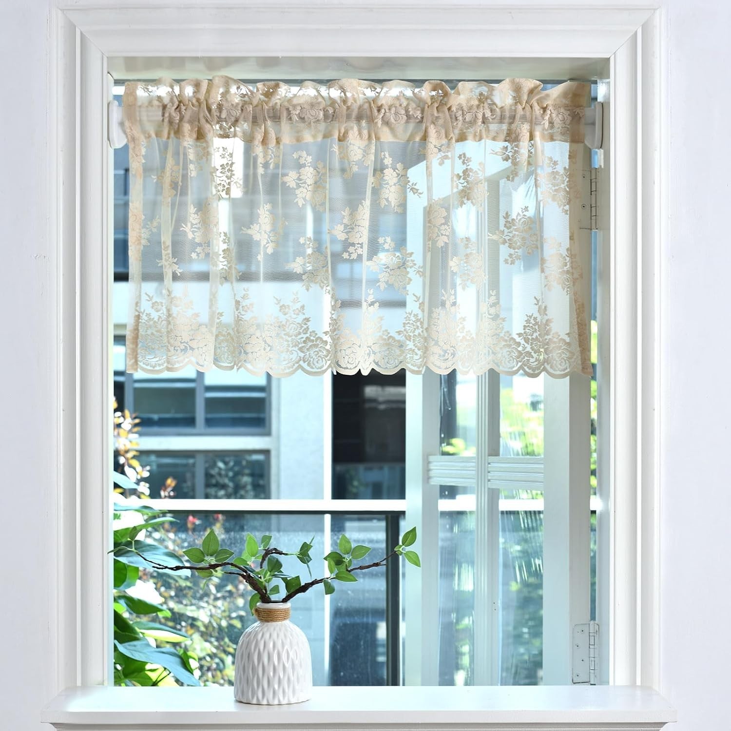 Machine Washable Beige Floral Sheer Valance Curtain – 1 Panel, 52″ x 18″