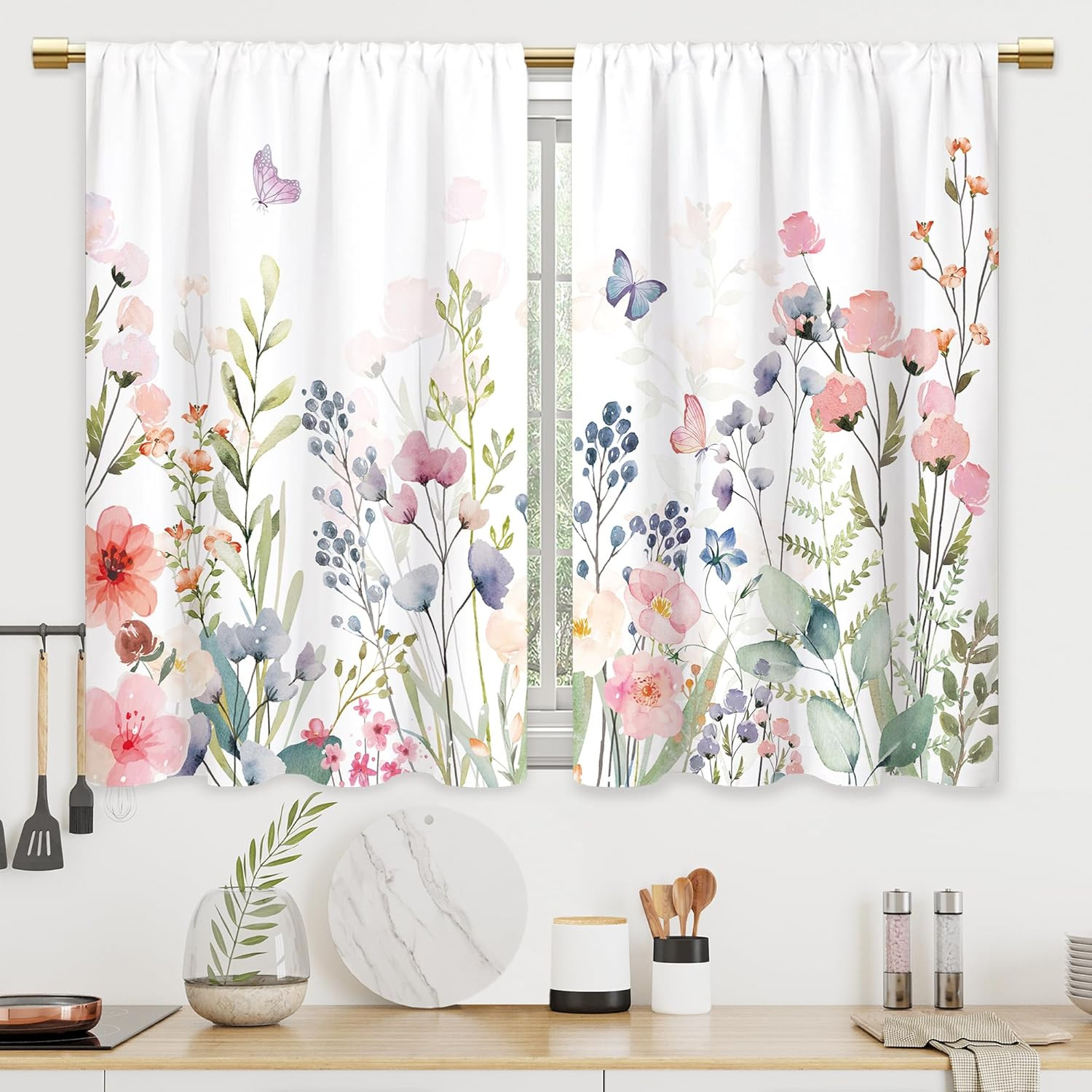 Watercolor Pink Flower Kitchen Curtains Floral Plant Wildflower Bathroom Curtain