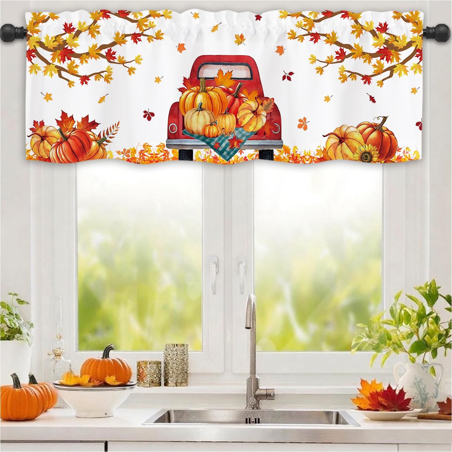 Fall Kitchen Curtains, 54 x 18 Inch Thanksgiving Fall Pumpkin Valances for Wi…