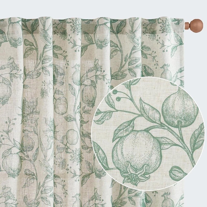 Light Filtering Linen Blend Curtains Pomegranate Print Rod Pocket Panels New
