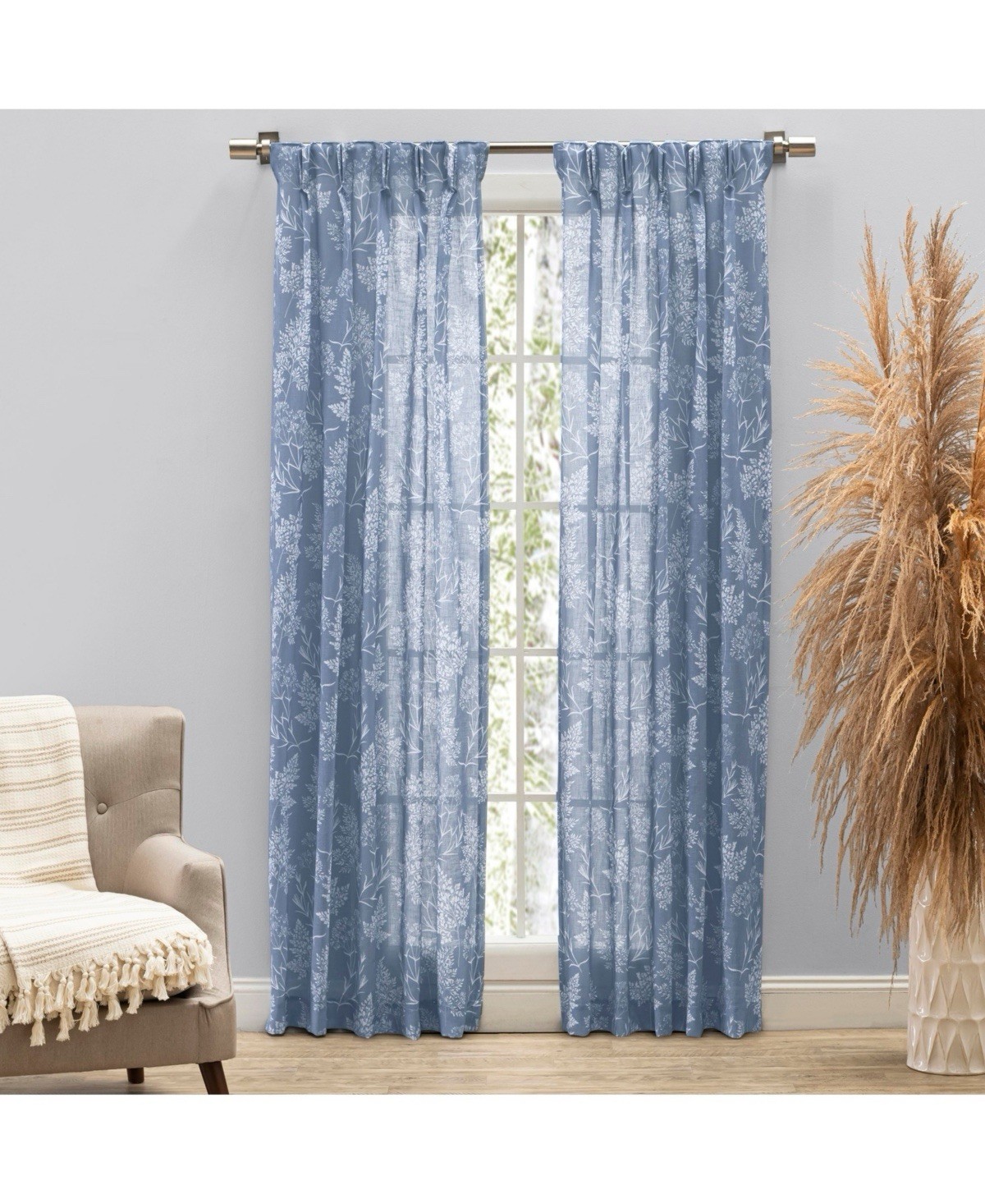 Wild Meadows Blue Polyester Floral 50 in. W x 84 in. L Pinch Pleat Sheer