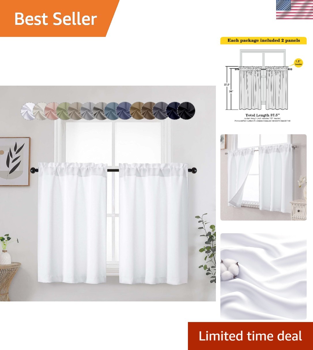 Versatile White Cafe Curtains Set – 30”x36”, Easy Care & Energy Efficient Design