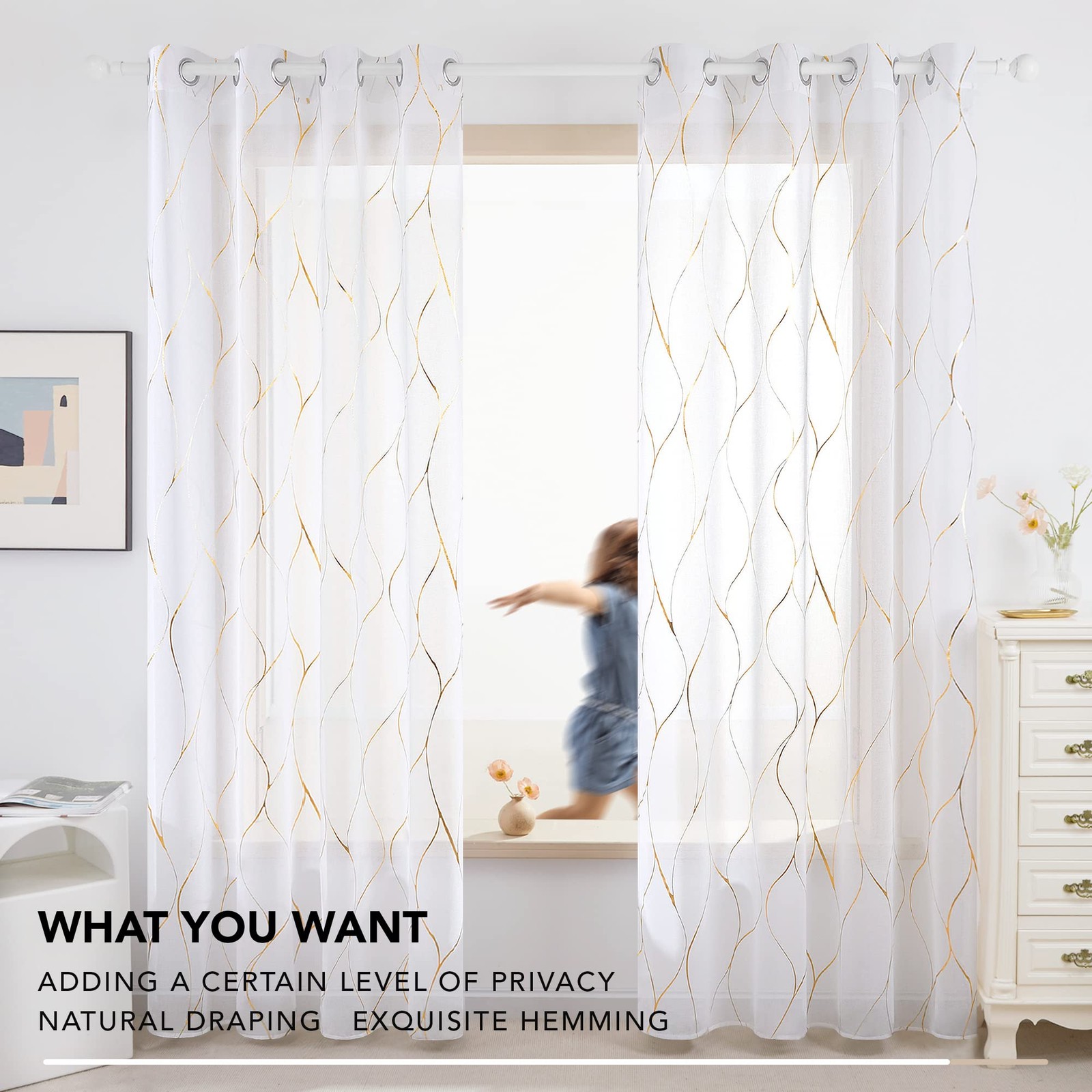 Semi Sheer Curtains 2 Panels, 52W x 108L Inch Each, Grommet Top Voile, Light-…