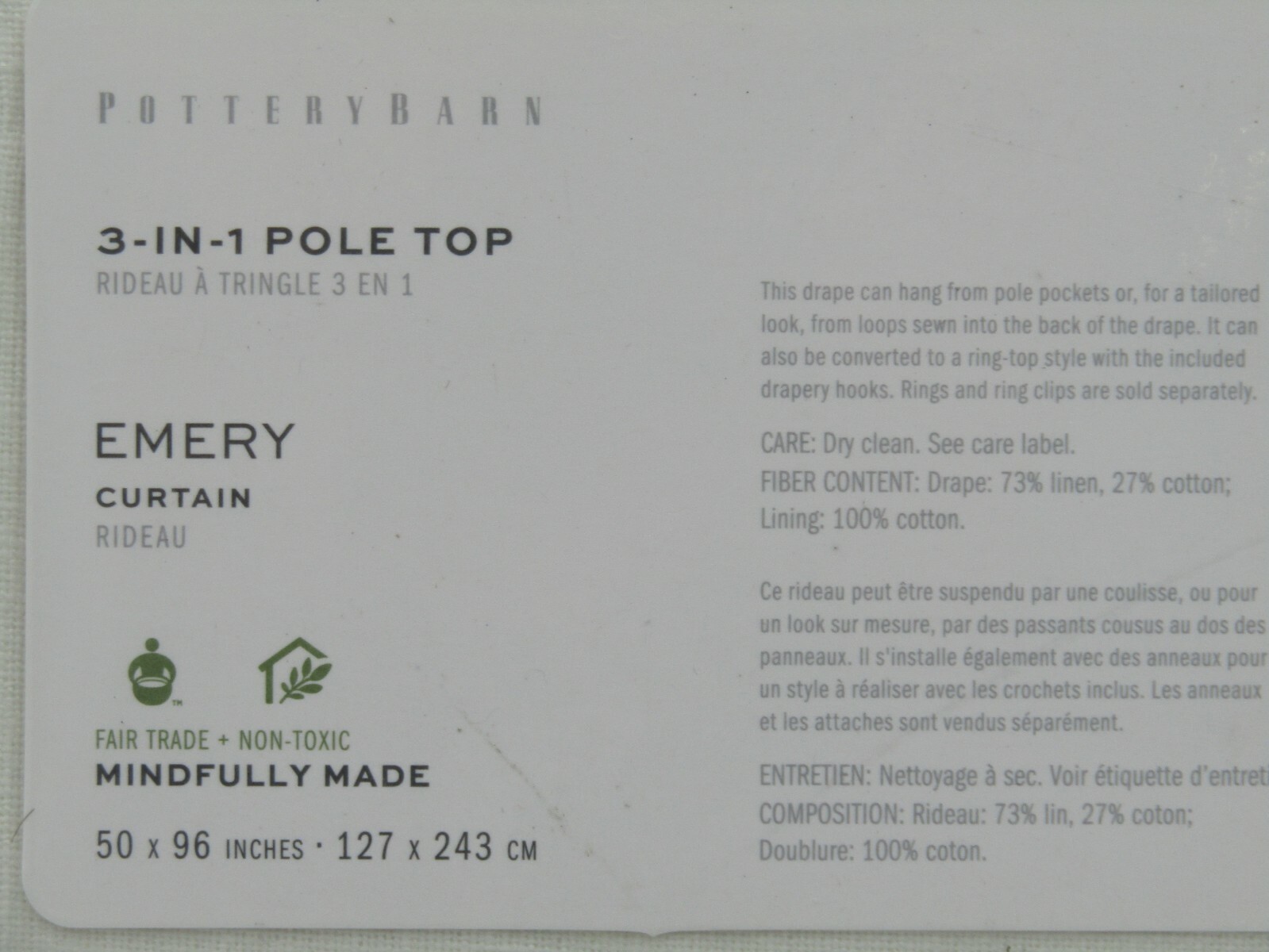 Pottery Barn Emery Linen Cotton Lined Curtain Drape Panel White 50×96 #Q86
