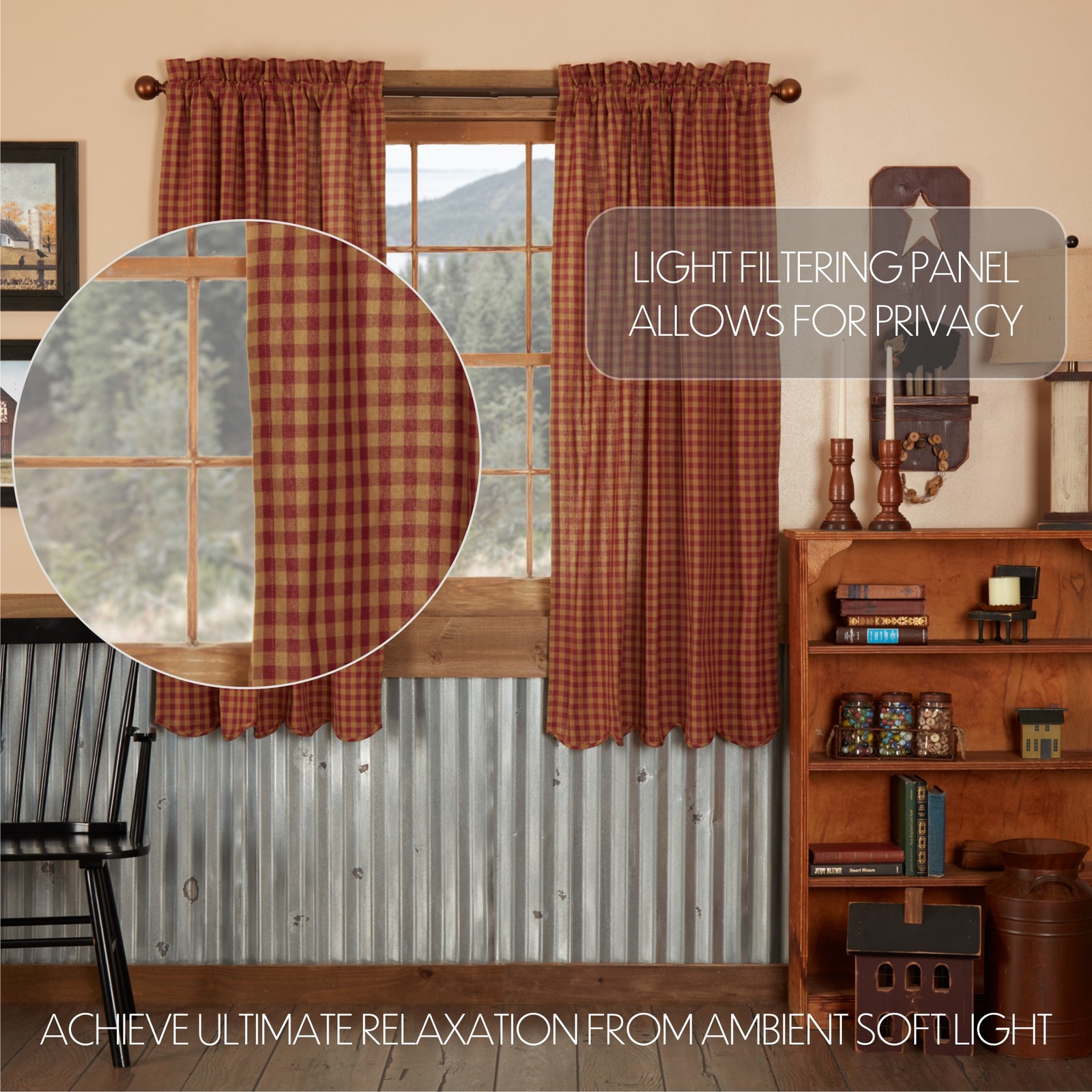 Primitive 63″x36″ Panel Pair Red Rod Pocket Burgundy Window Curtains VHC Brands