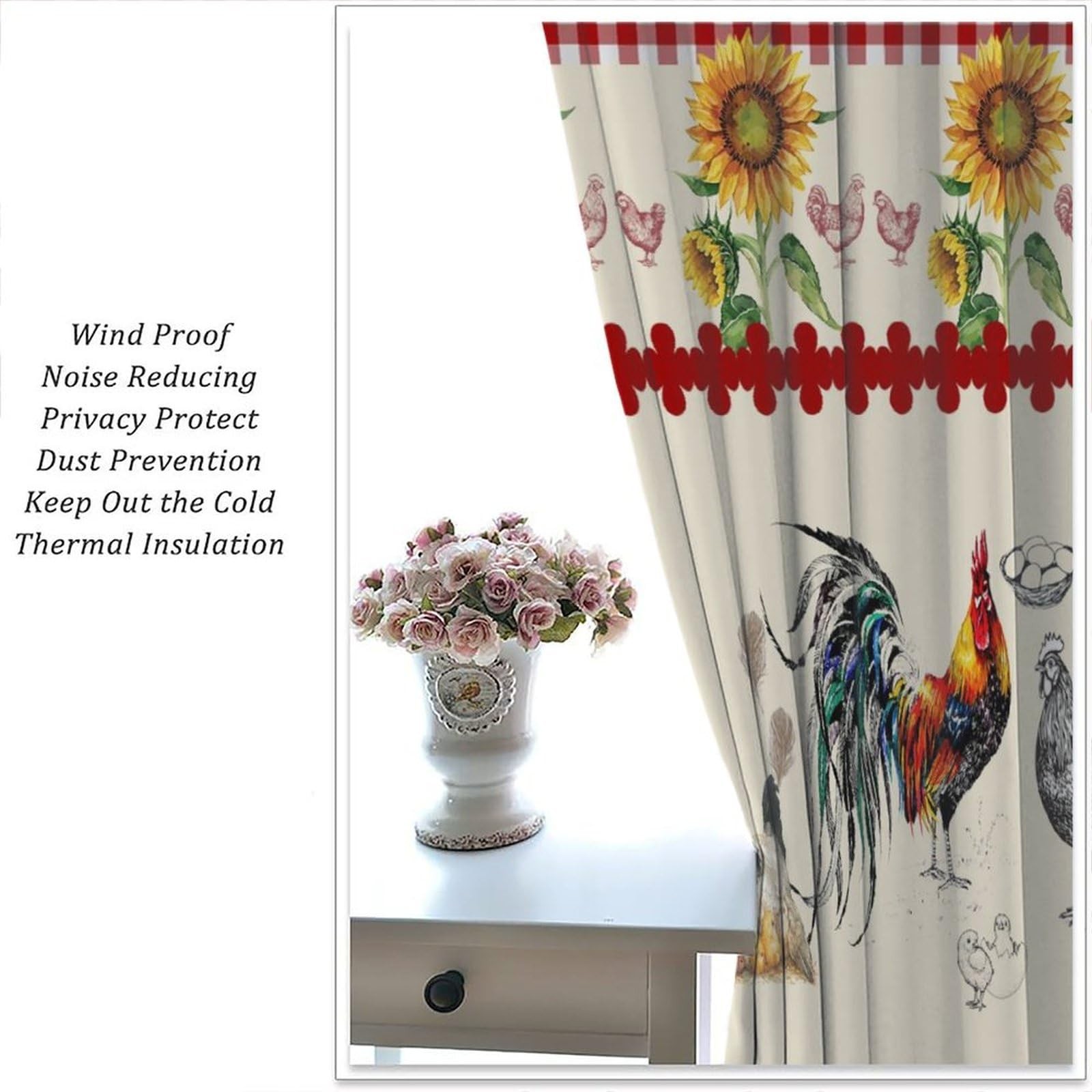 Rustic Rooster Curtain,Vintage Chicken Red Plaid Country Farm Sunflower Windo…