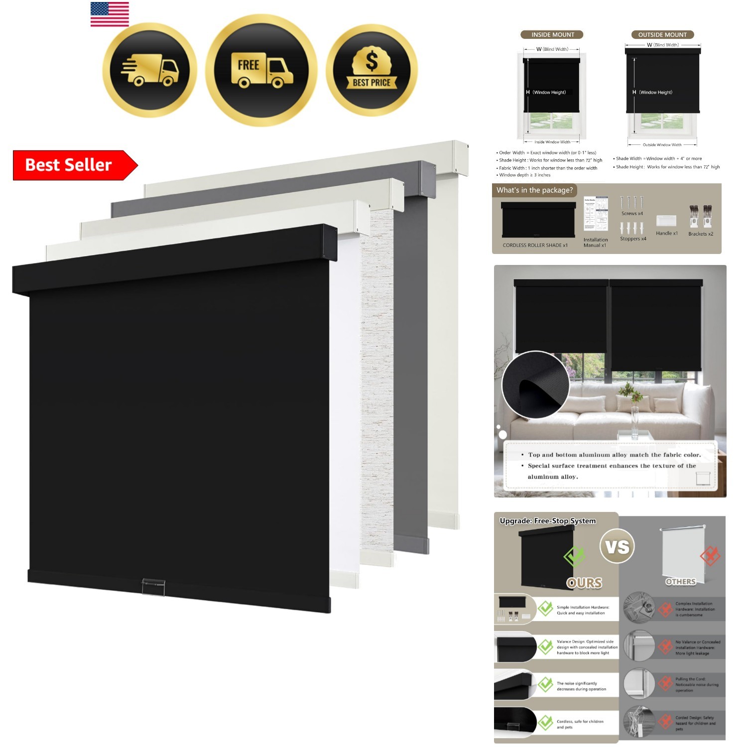 Cordless Blackout Roller Shades Blinds for Windows Free-Stop,Pull Down Room D…