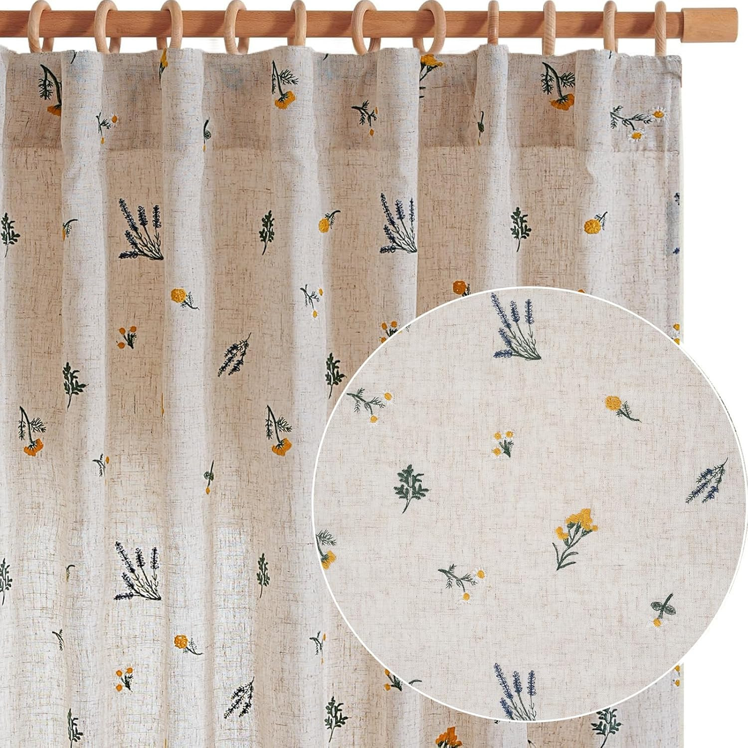 Boho Daisy Embroidered Linen Curtains 96″ Beige Floral Drapes, 2 Panels