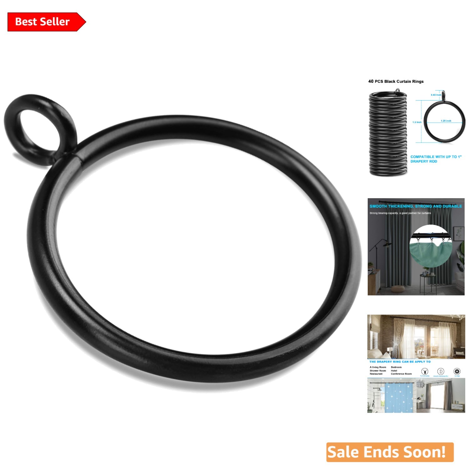 40PCS Black Metal Curtain Rings with Eyelet for Up to 1 Inch Rod Durable Finish