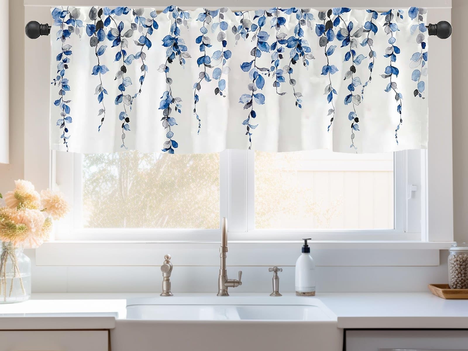 2 Pack Blue Leaves Window Valance for Bedroom Living Room, Leaf Vine Plant Cu…