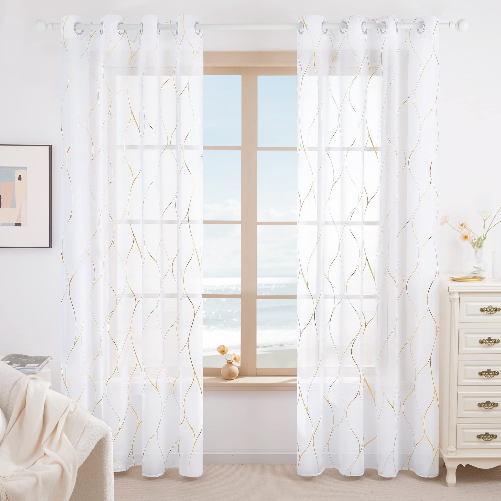 Semi Sheer Curtains 2 Panels, 52W x 108L Inch Each, Grommet Top Voile, Light-…