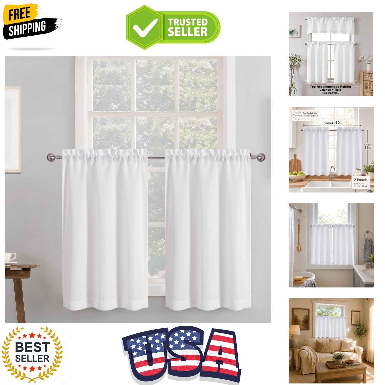 2 Panels White Kitchen Curtains 36 Inch Length Tier Curtain, Faux Linen Textu…