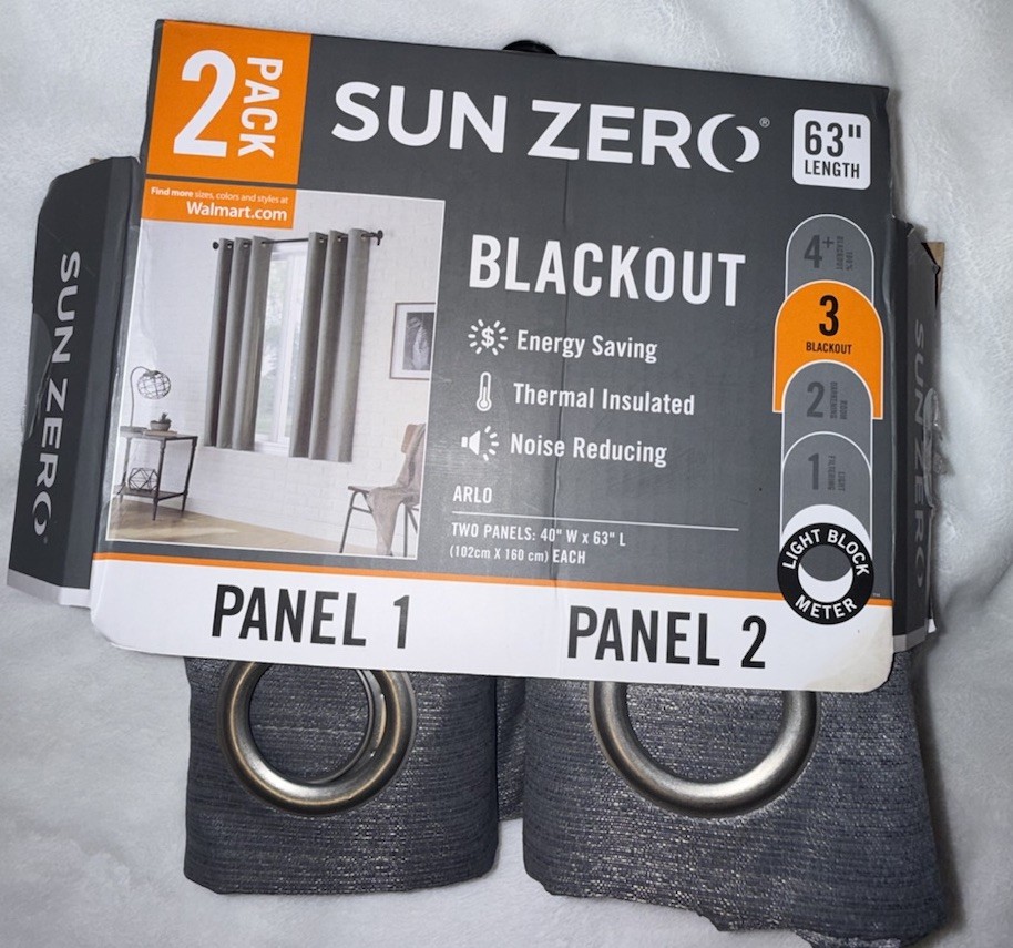 Sun Zero Arlo Textured BLACKOUT Grey Curtains Panel 2 pack 40” W x 63”L