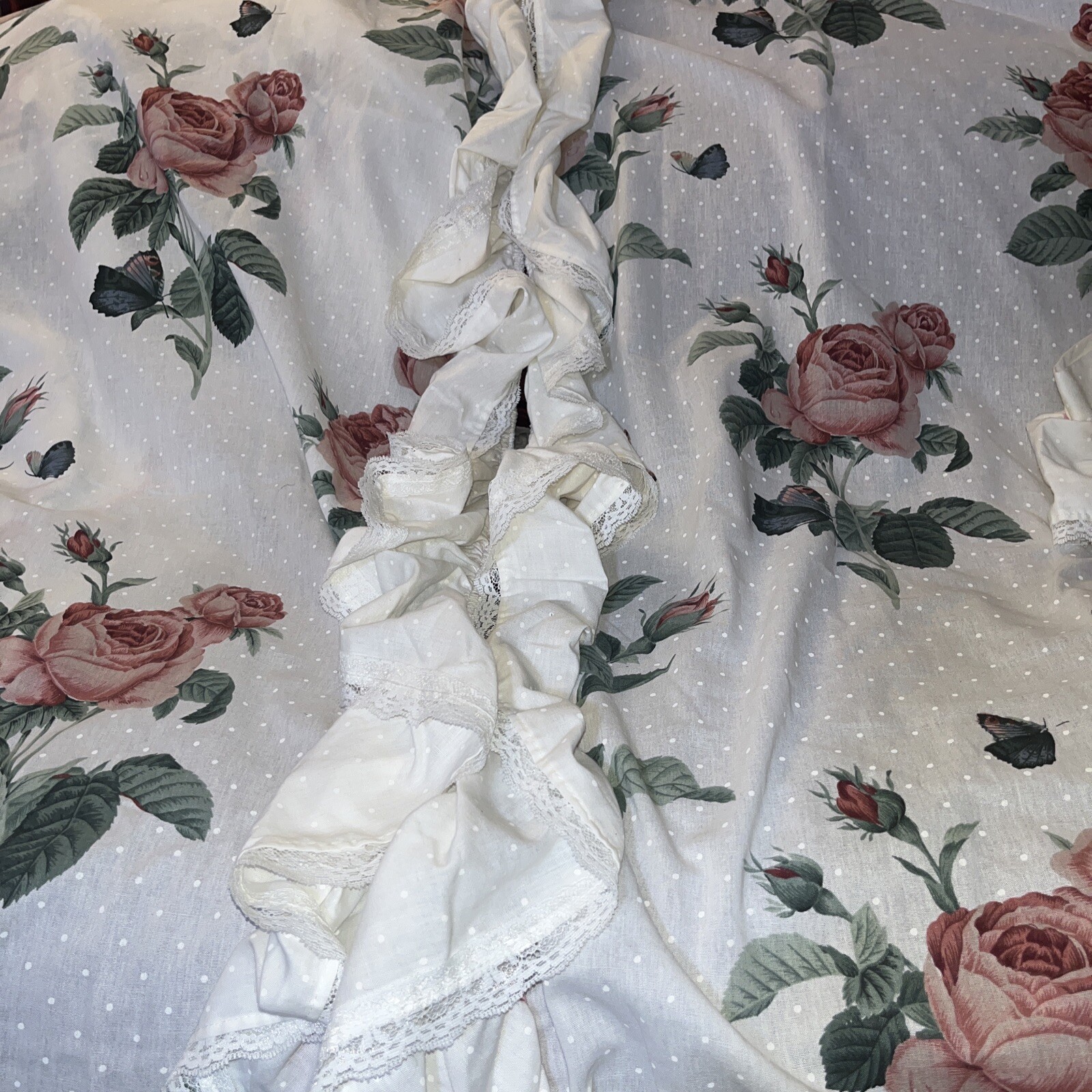 Pair Shabby French Romantic Curtains And Ties Ruffles Lace Roses Butterflies