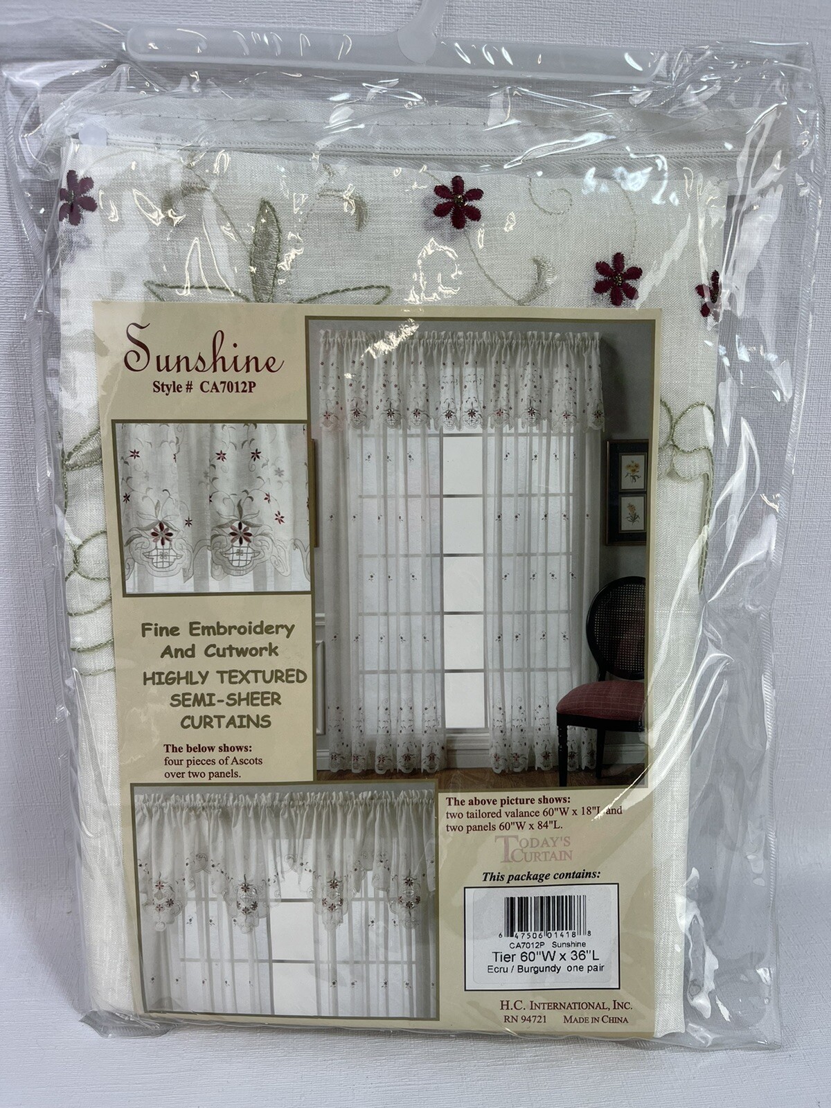 Today’s Curtain CA7012P «Sunshine» Ecru & Burgundy Size 60″Wx36″L TIER