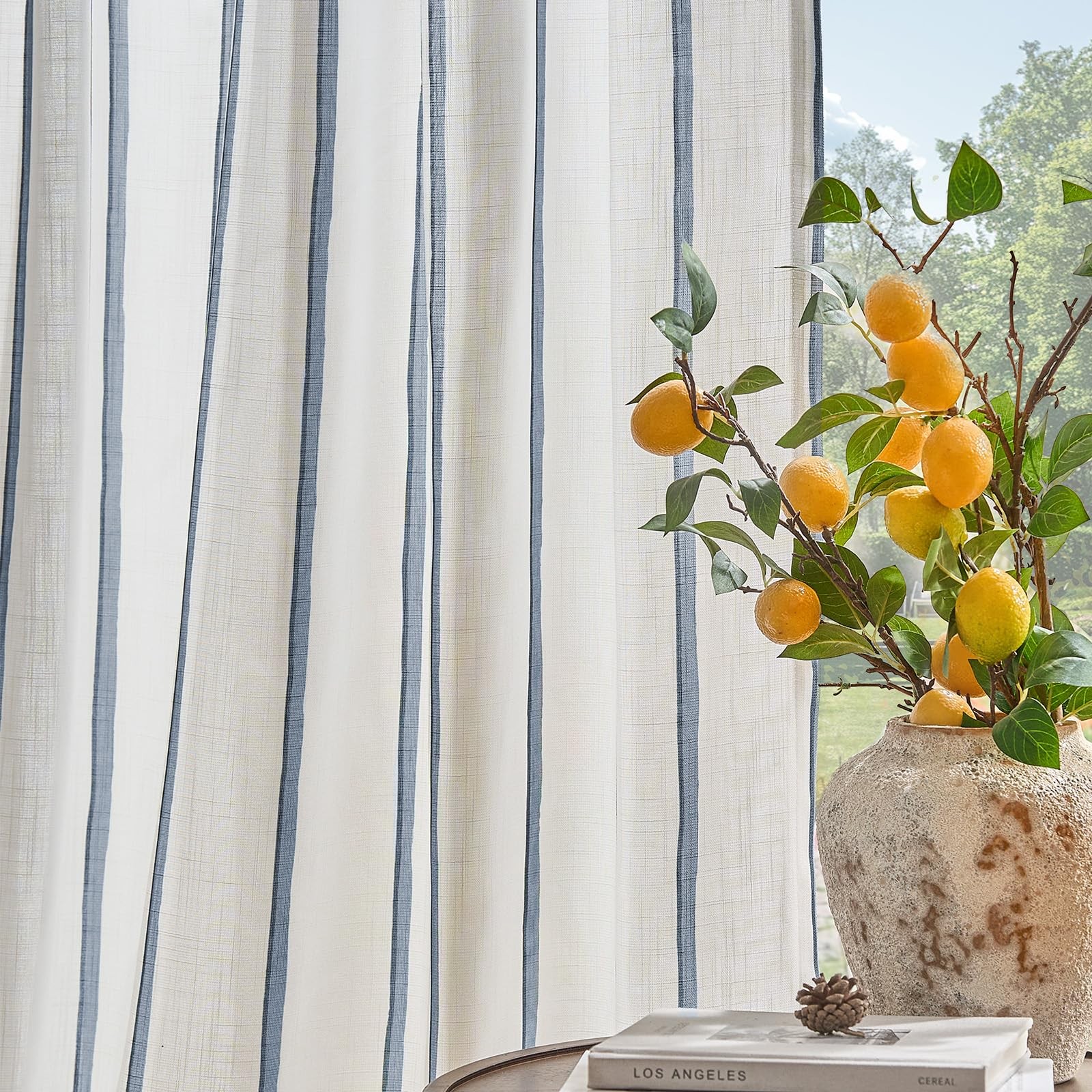 Striped Curtains Blue on White Semi Sheer Curtains 63 Inches Long for Bedroom…
