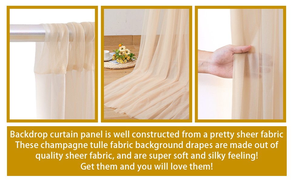 30x10ft Champagne Tulle Backdrop Curtain with Lights String for Parites, Sheer