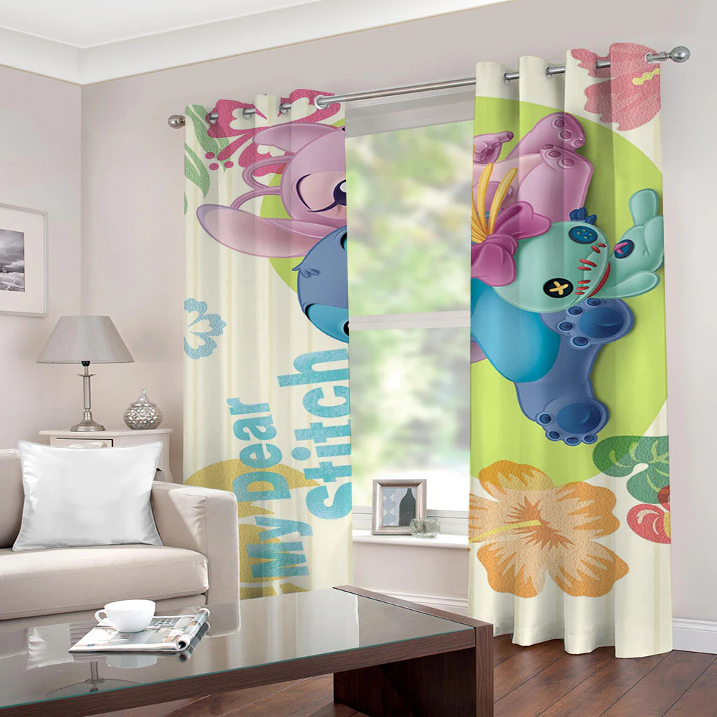 ver2 Cartoon Gift, Love Stitch Pattern Printed Window Curtains Decoration