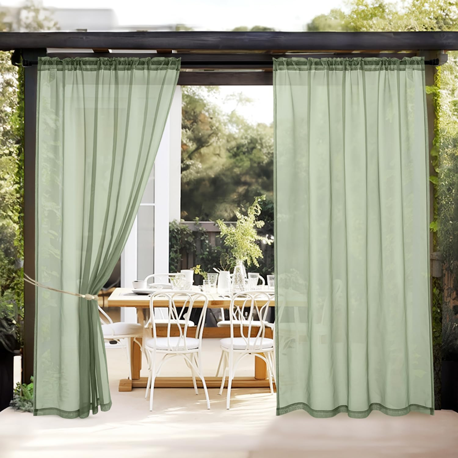 MIULEE Outdoor Sheer Curtain for Patio Waterproof – 2 Panels Sage Green Privacy