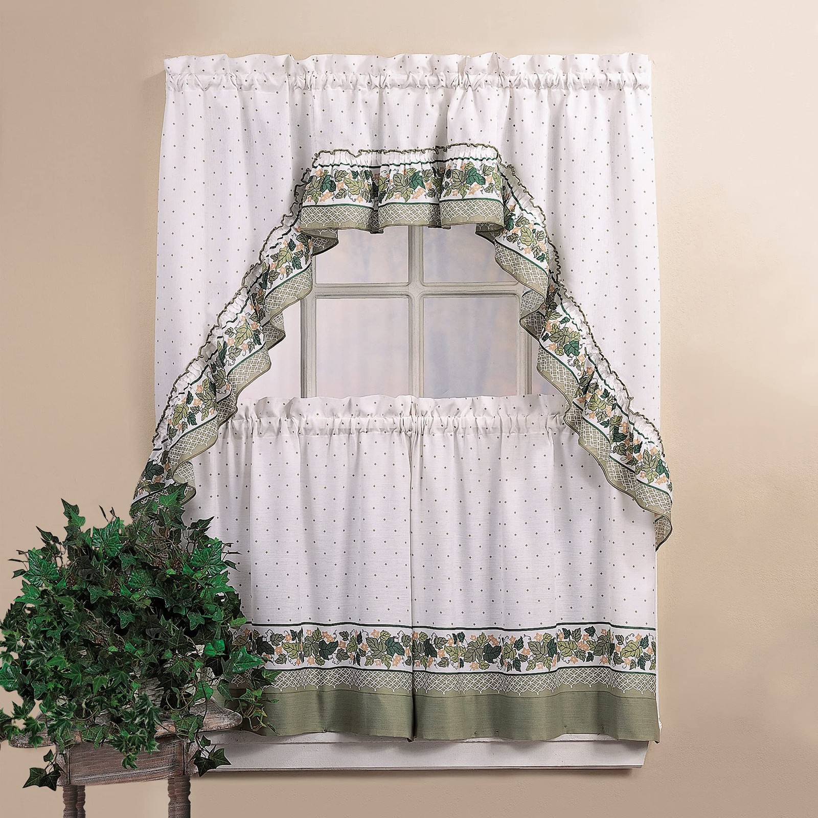 Cottage Ivy 3 Piece Kitchen Curtain Set Green Gold White Tier Swag 36 Inch