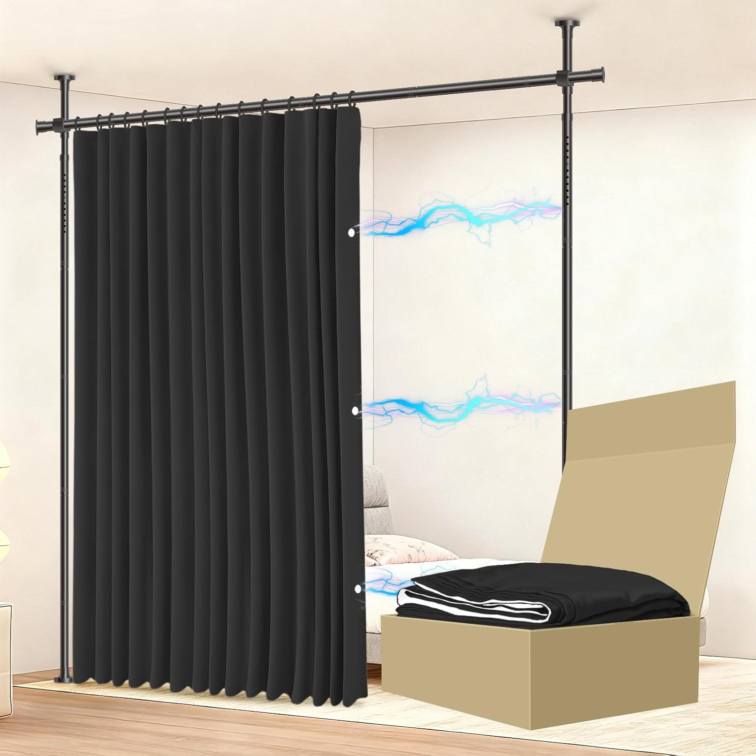 No-Drill Room Divider Curtain Set with Adjustable Pole Brackets – Black 106″x96