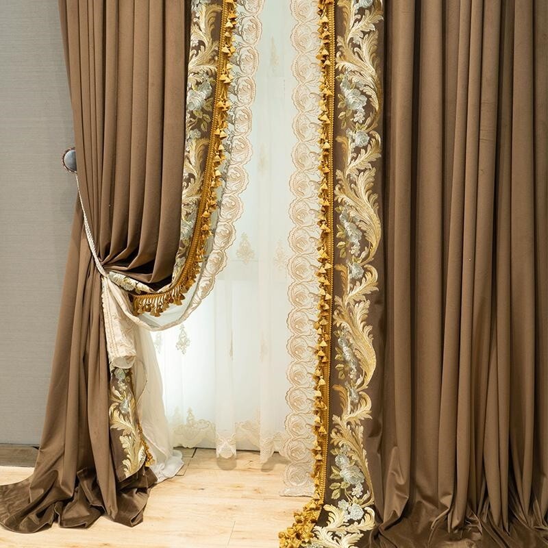 Custom American Vintage Brown Velvet Embroidery cloth curtain tulle drape C2140