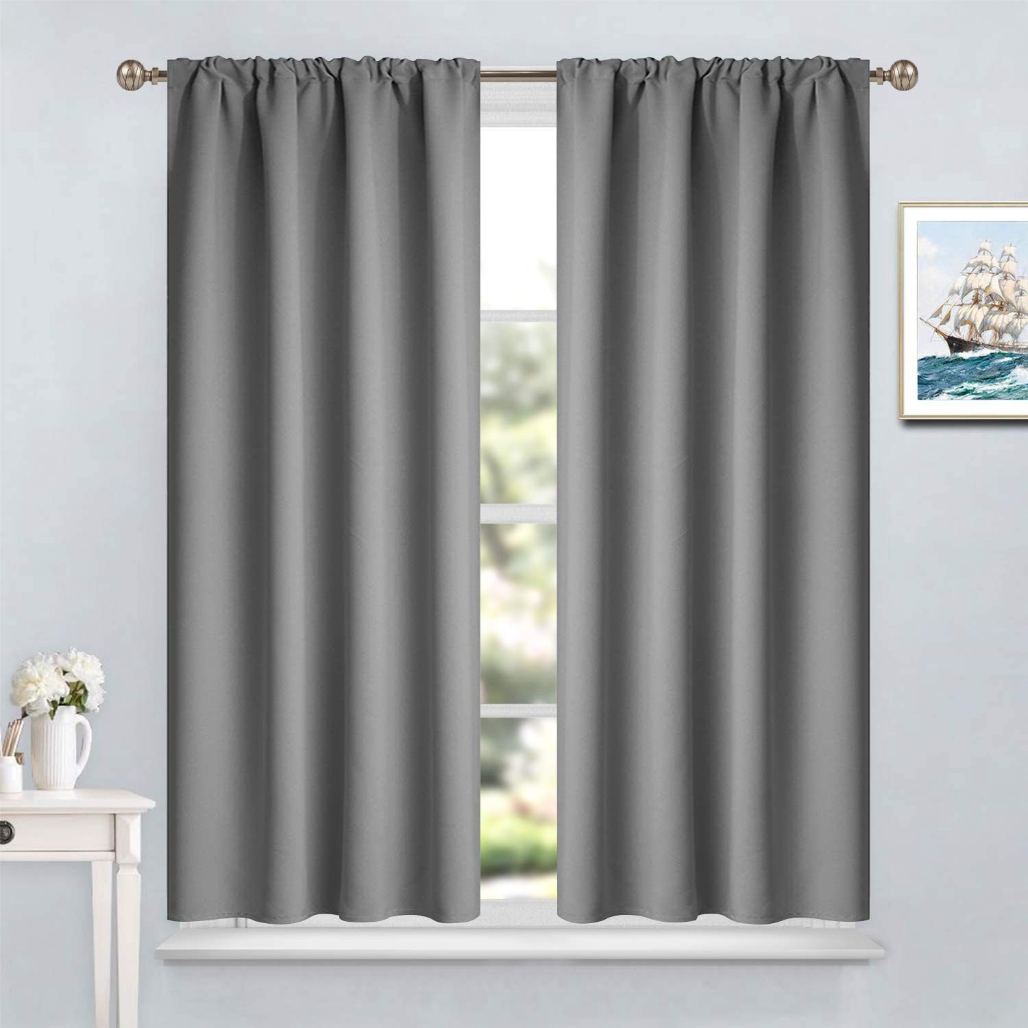 Gray Rod Pocket Curtains Room Darkening Thermal Insulated Blackout Curtains f…