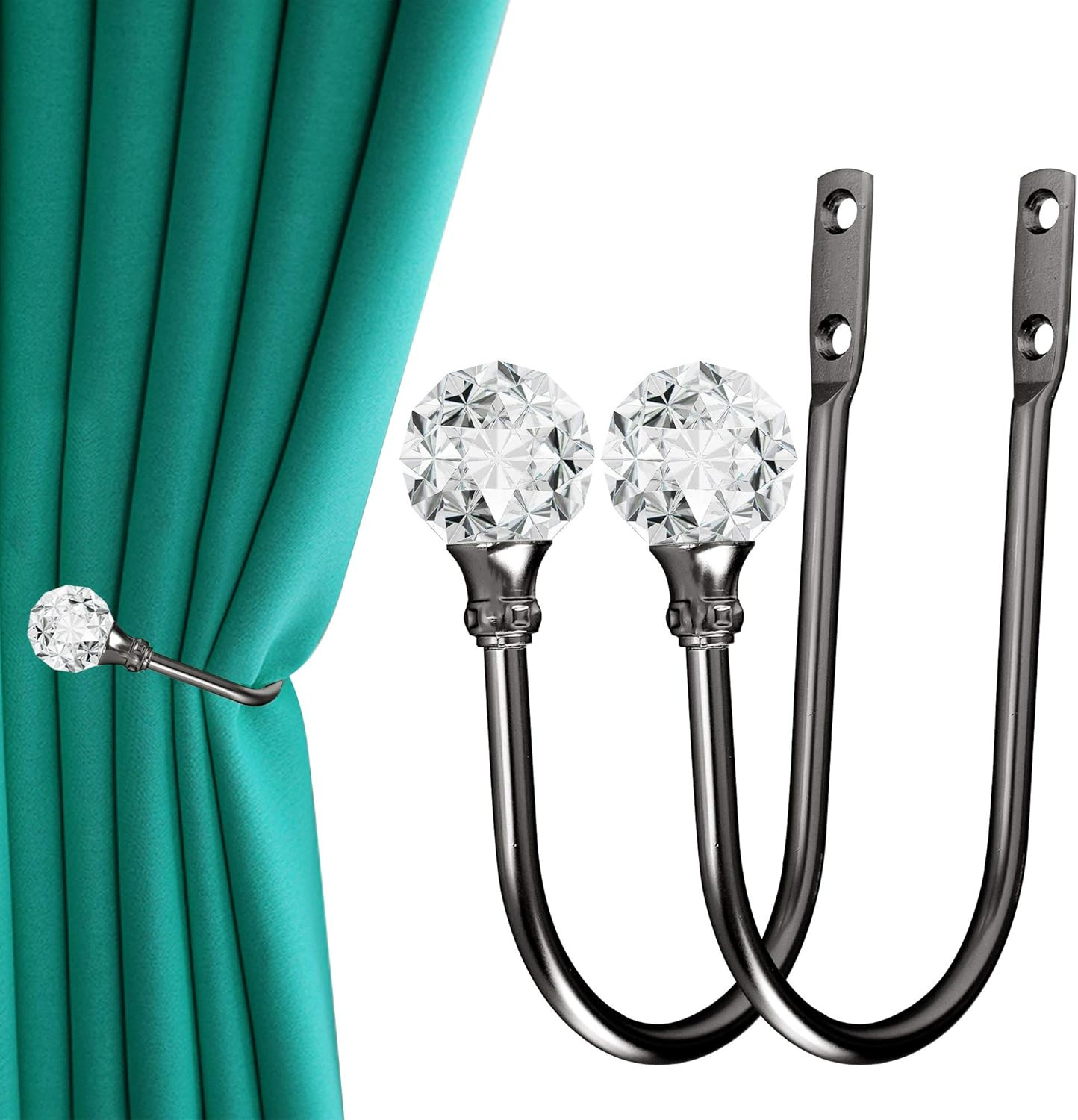 Curtain Holdback, 2Pcs Wall Mounted Drapery Tiebacks with Clear Crystal Ball, He