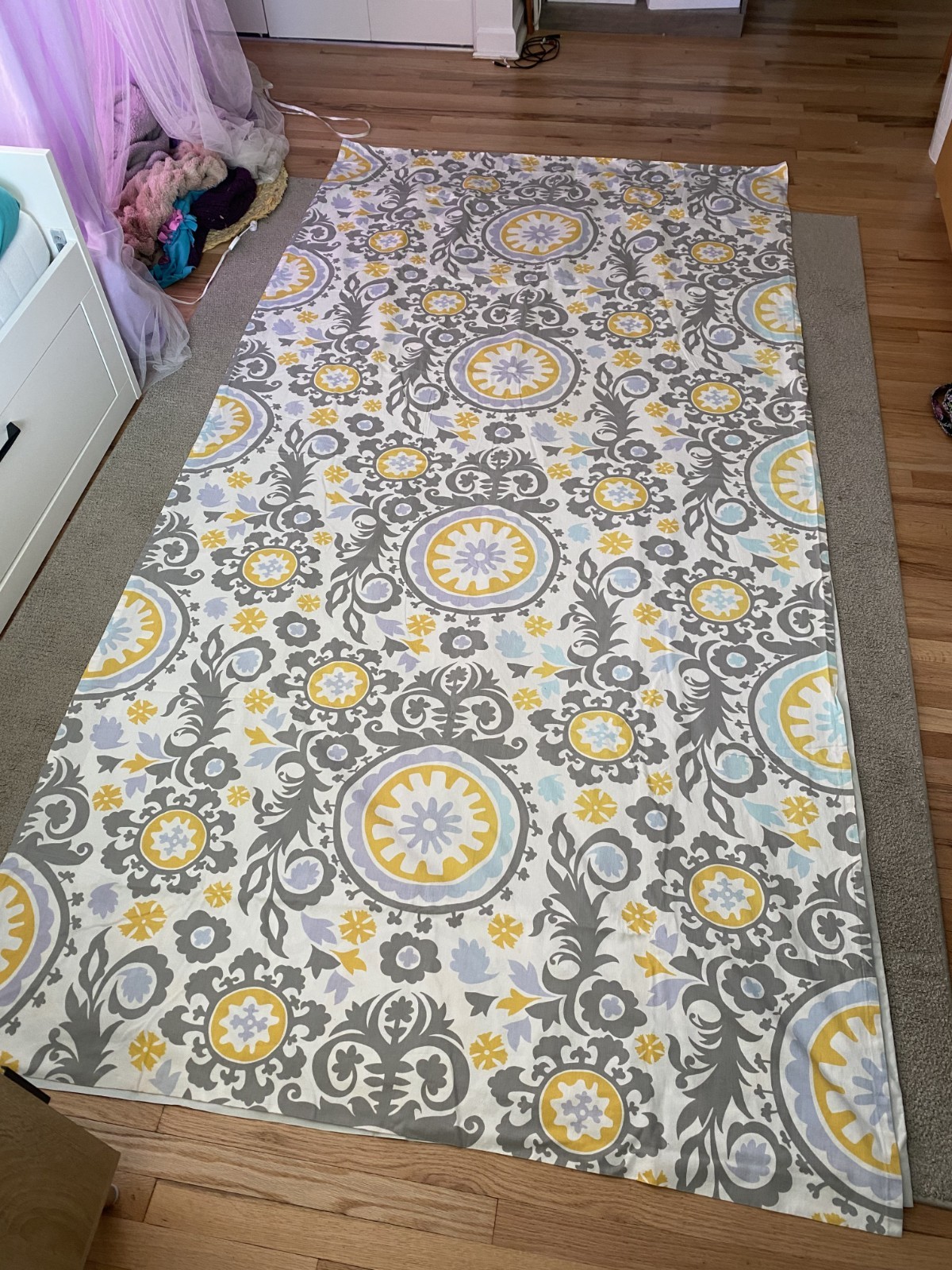 Curtain Panel Single Gray Yellow Purple Paisley on White Lined w/ Blackout