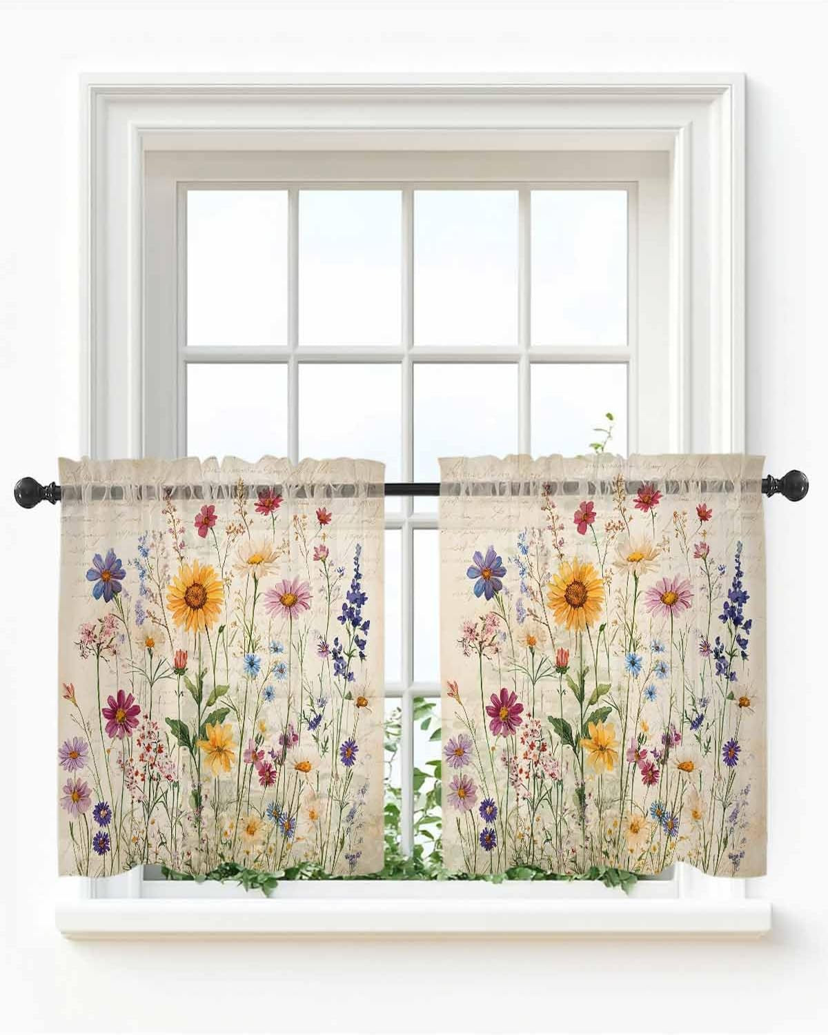 Botanical Floral Sheer Curtains for Bedroom Living Room Window Tier Curtain 36 I