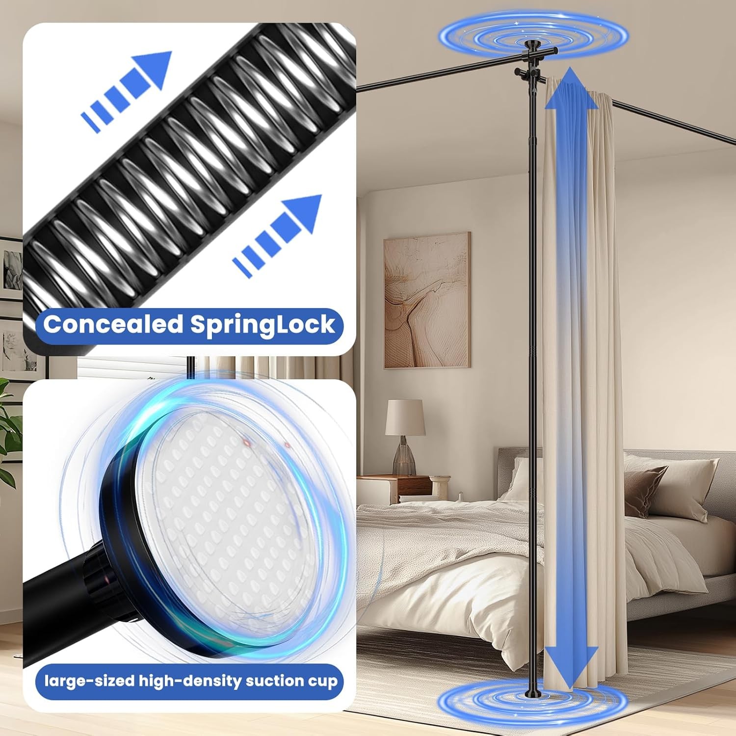 Adjustable Room Divider Tension Curtain Rod – No Drill, Heavy Duty Black 1 Pack