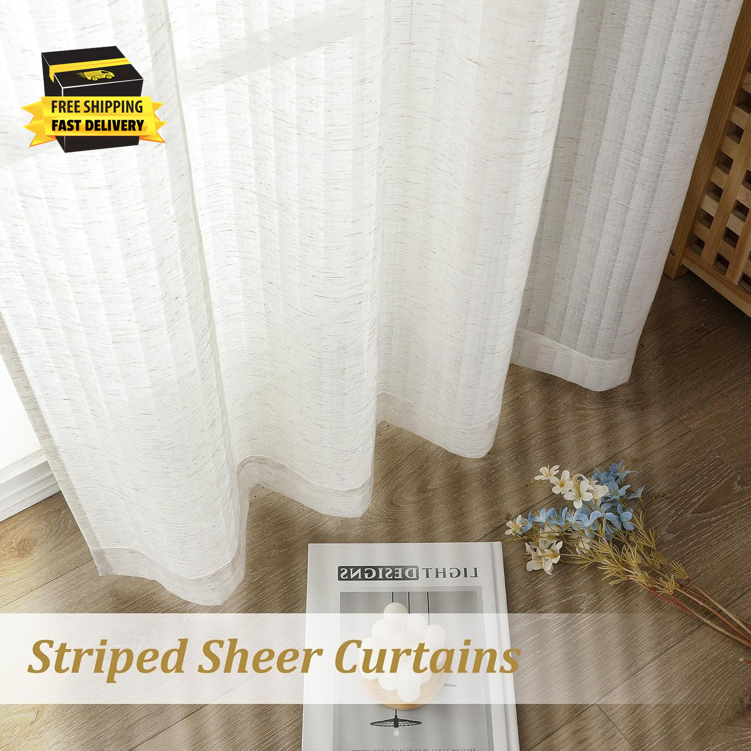 Natural Striped Cafe Curtains – 24 Inch Length Kitchen Curtains Tiers 2 Panels S