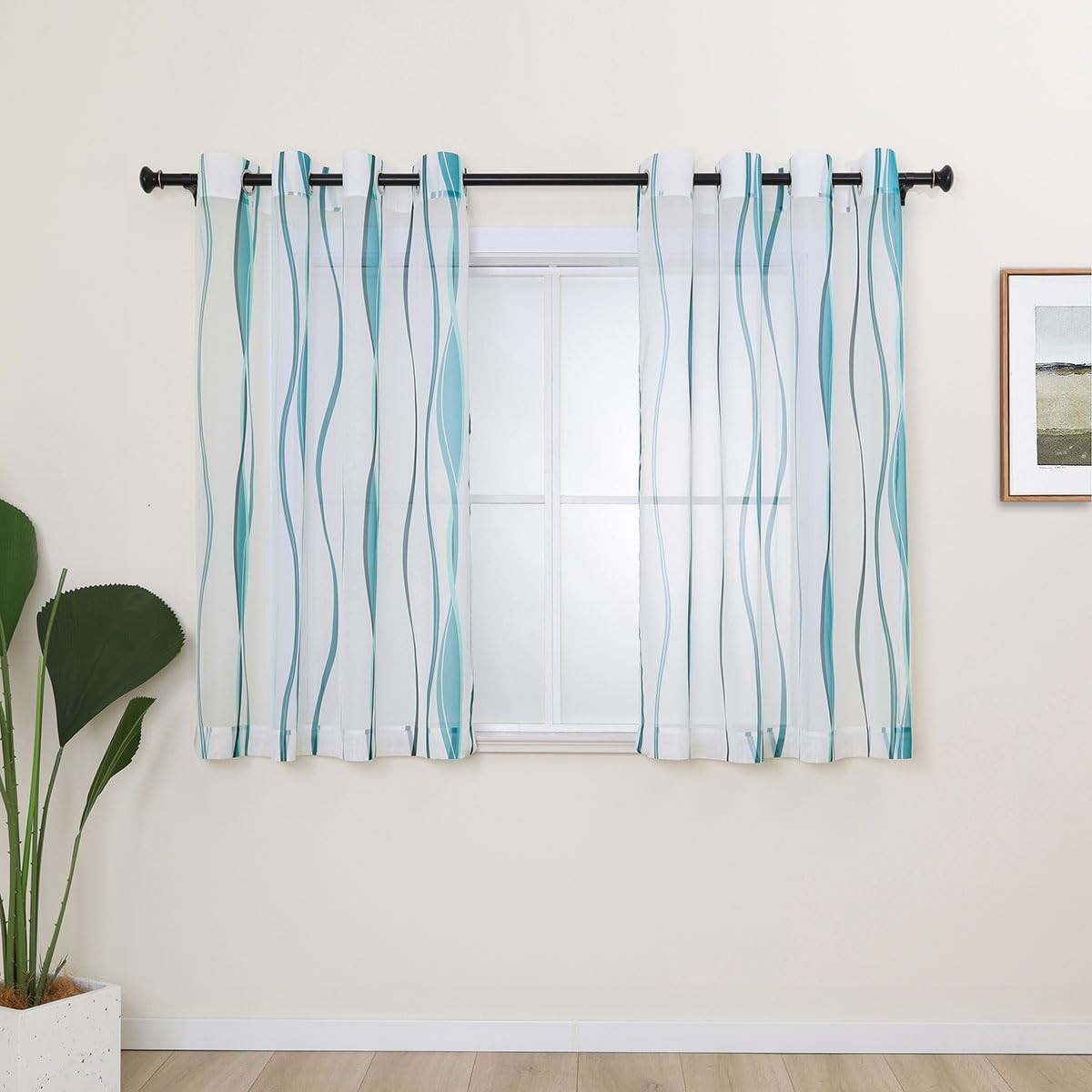 L.Z.E White and Teal Sheer Curtains 54 Inch Length for Kitchen Small Window, …