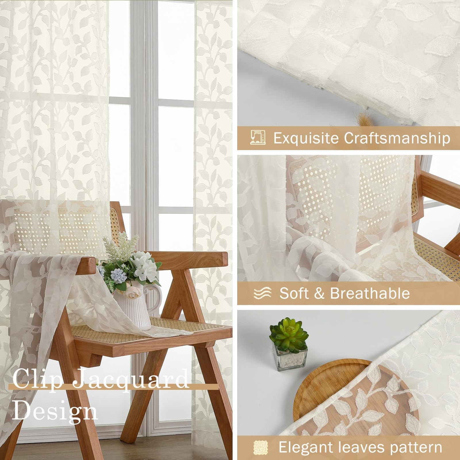 Ivory Sheer Curtains 84 Inch Length 2 Panels Set, Light Filtering Tufted Text…