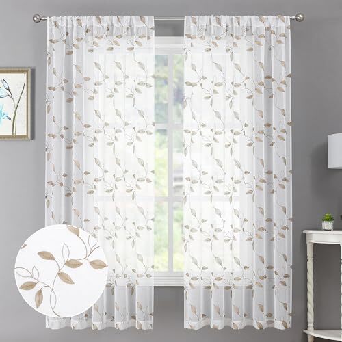 Leaf Sheer Curtains Leaves Embroidered Living Room Short 54″W x 45″L Taupe