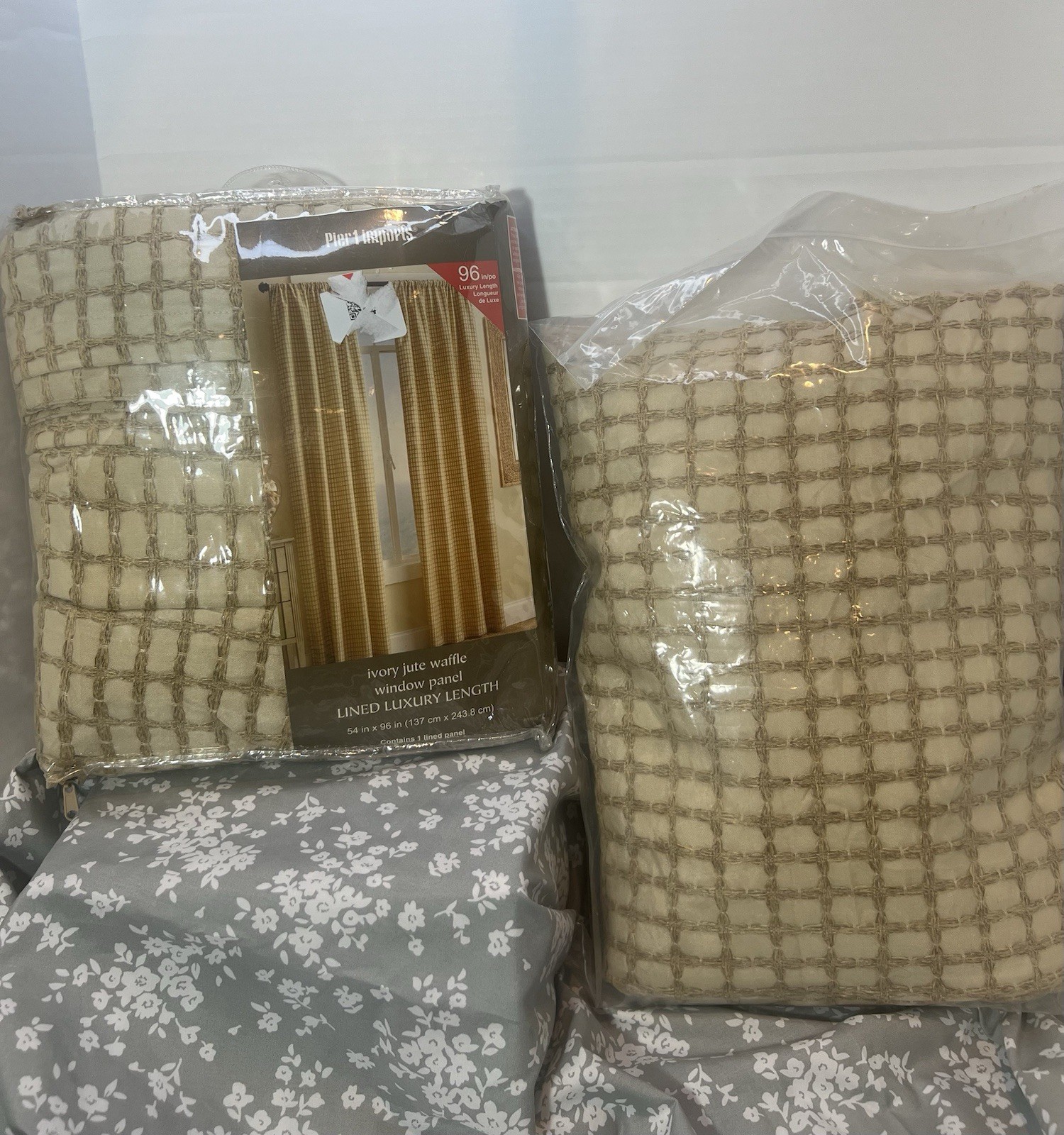 Pier 1 Ivory Jute Waffle Panel Set Textured Lined Window Curtain Pair 96 X 54