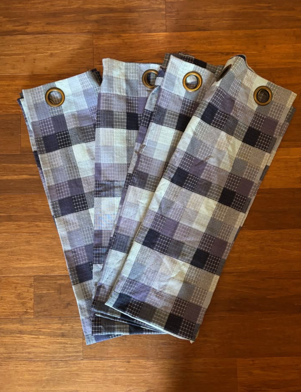 4 Harvard Woven Blue Plaid Grommet Curtain Panels 42×63 Textured Bronze Rings