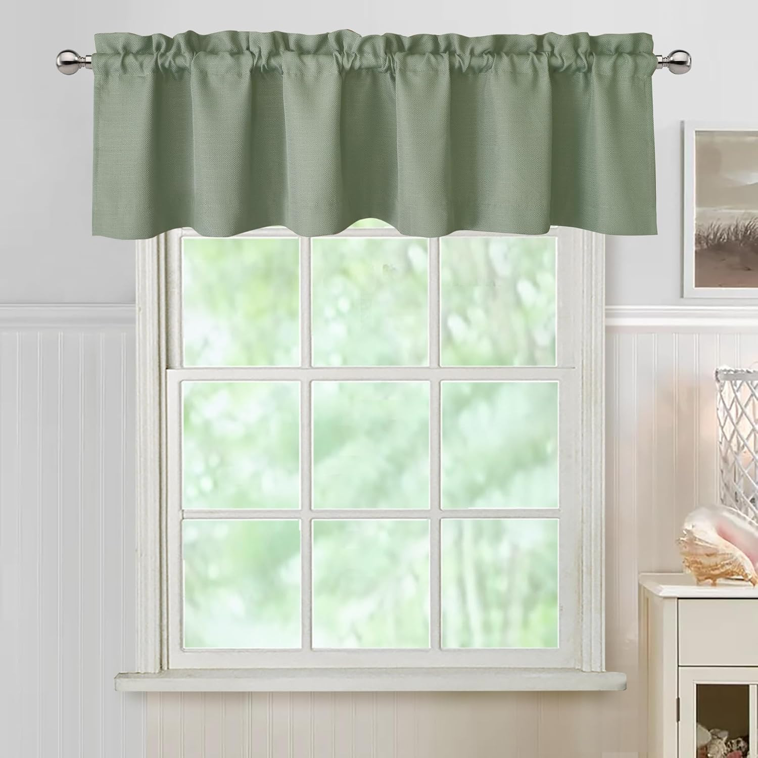Sage Green Valance for Windows, Light Filtering Faux Linen Short Small Window Va