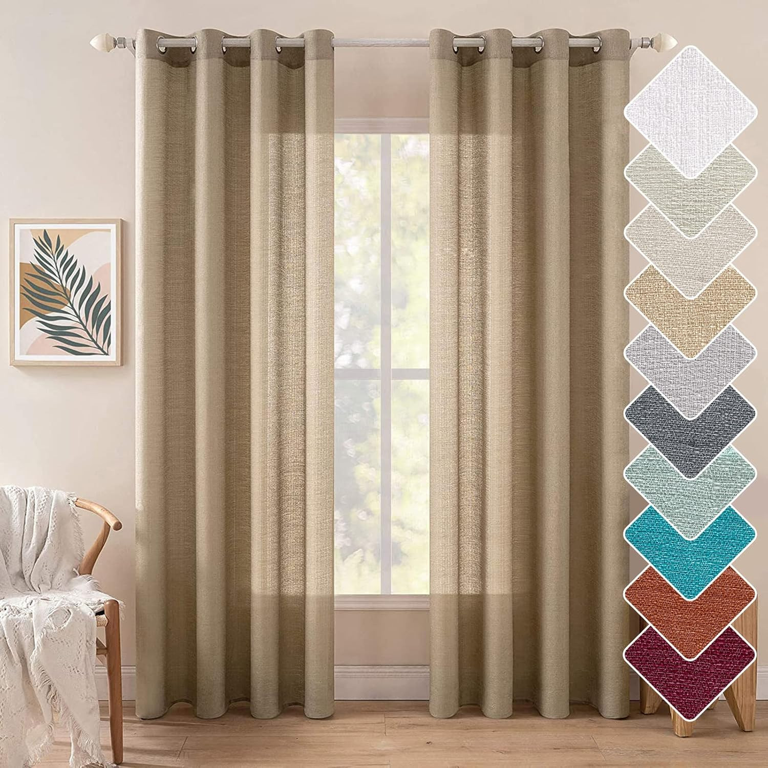 MIULEE Tan Brown Faux Linen Textured Semi Sheer Curtains 2 Panels Set for Bedroo
