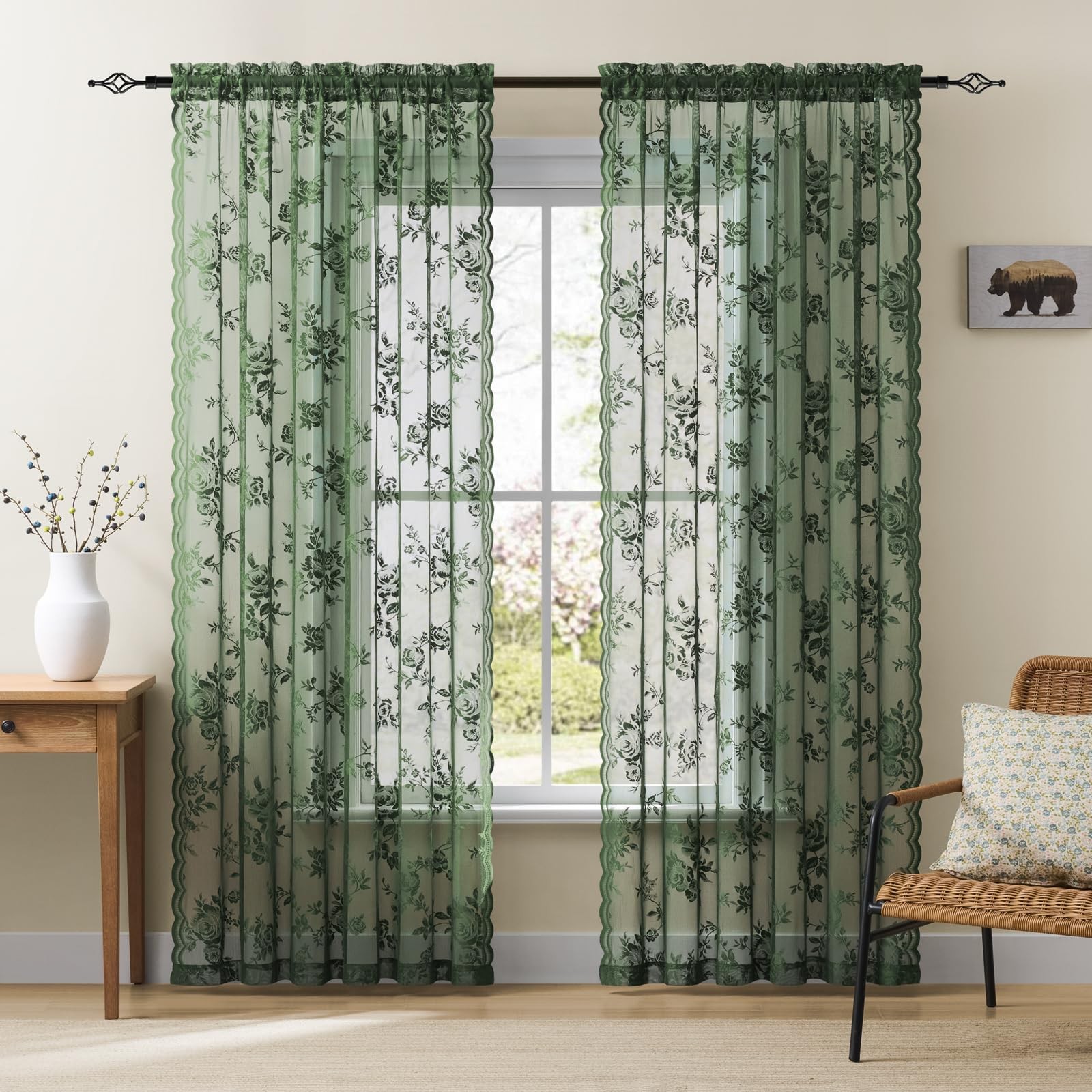Dark Green Lace Curtains 96 Inches Long 2 Panels Sheer Floral Curtains for Li…