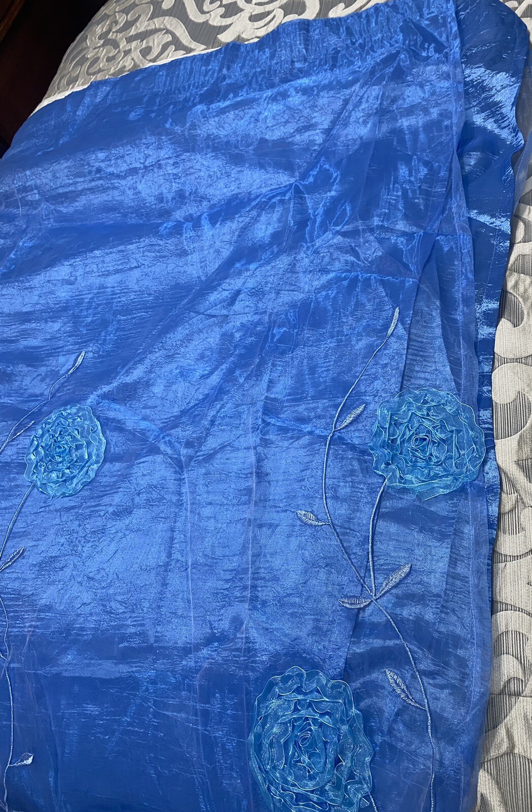 Curtain Panel Blue Organza Ribbon Flower Large Window Panel 122”W X 121”L NWOT