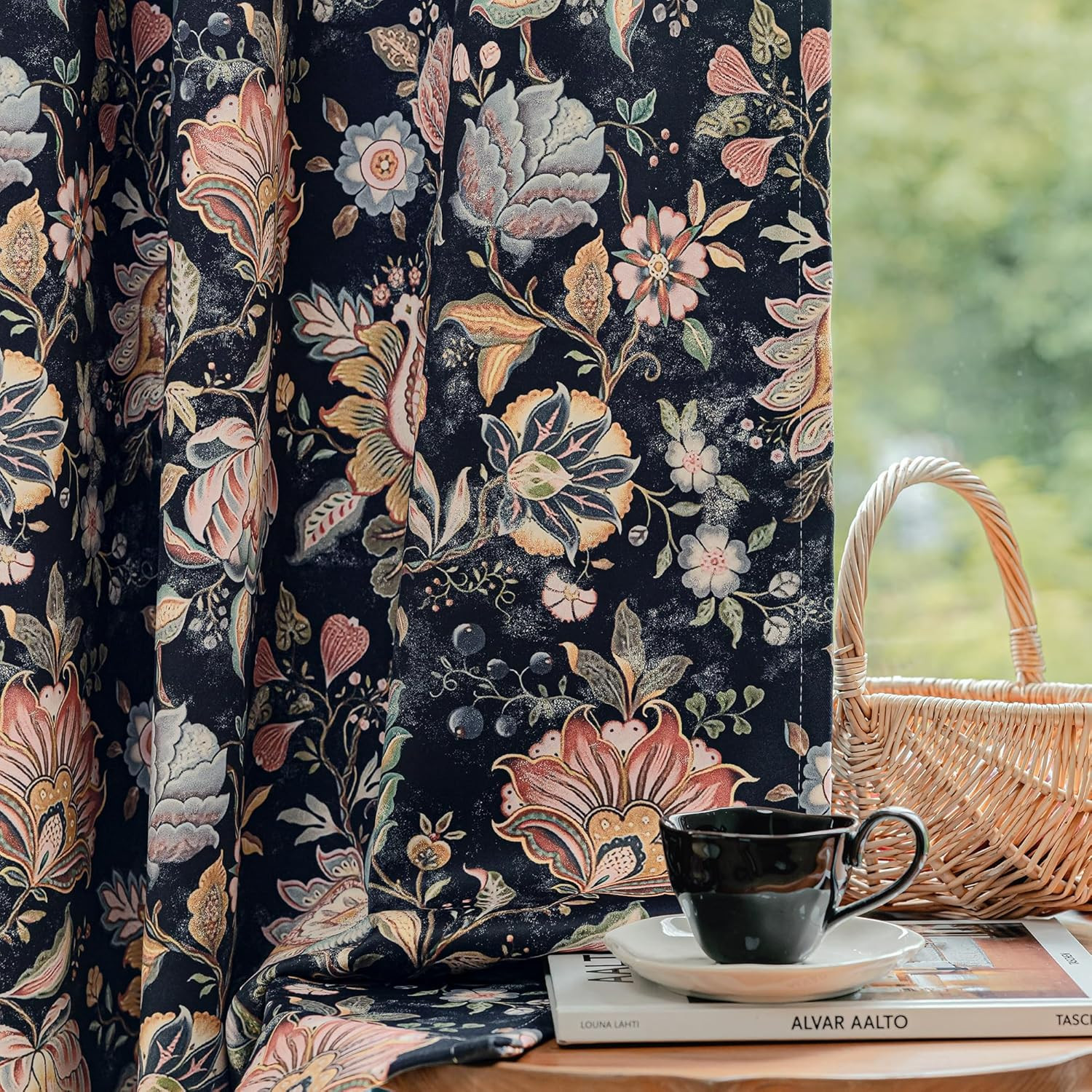 Boho Blackout Floral Curtains 108″ Long, Vintage Pattern, 2 Panels