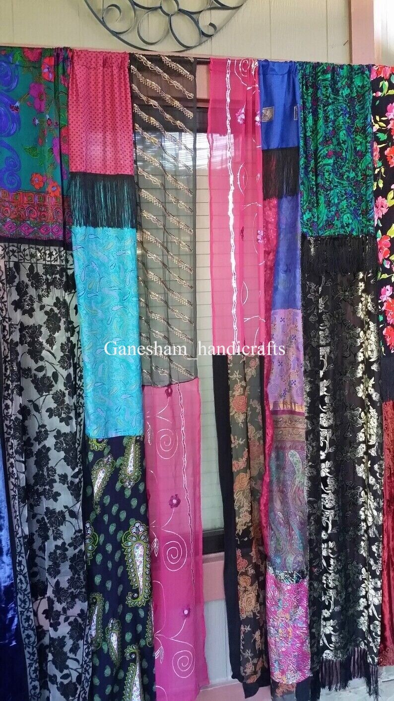 2Pc Indian Sari Patchwork Curtain Drape Window Decor Multi Silk Sari Curtain