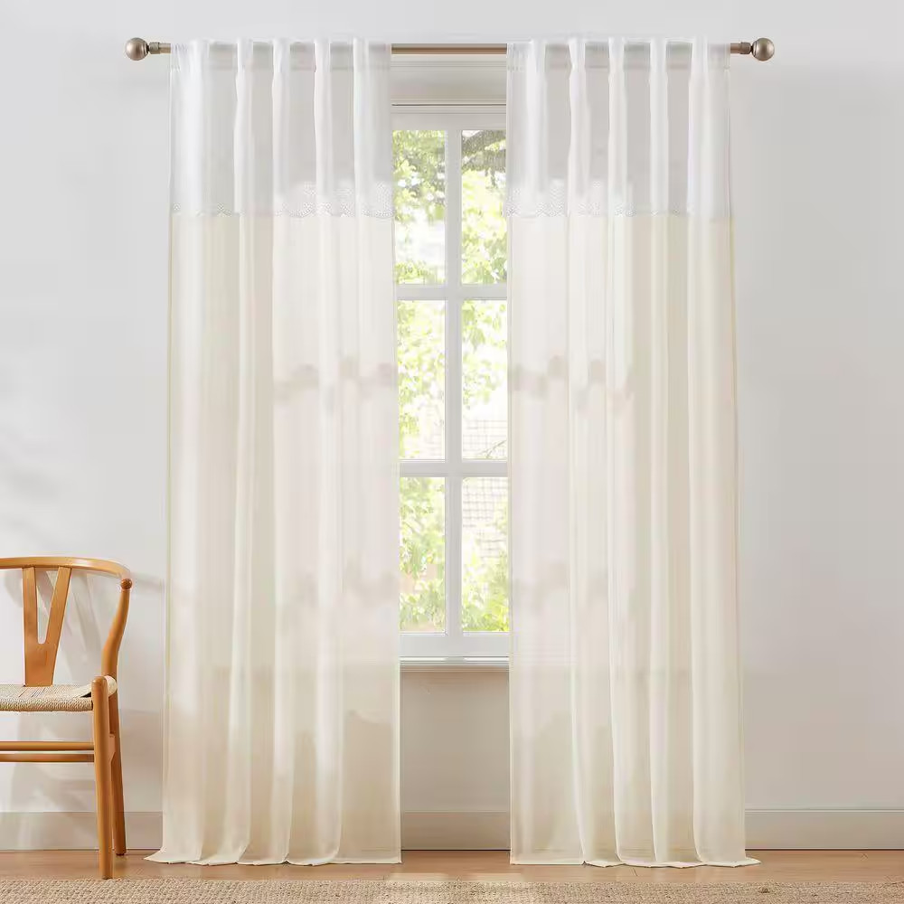 Brigitte Eyelet Scalloped Edge Neutral Faux Linen 38 In. W X 84 In. L Rod Pocket
