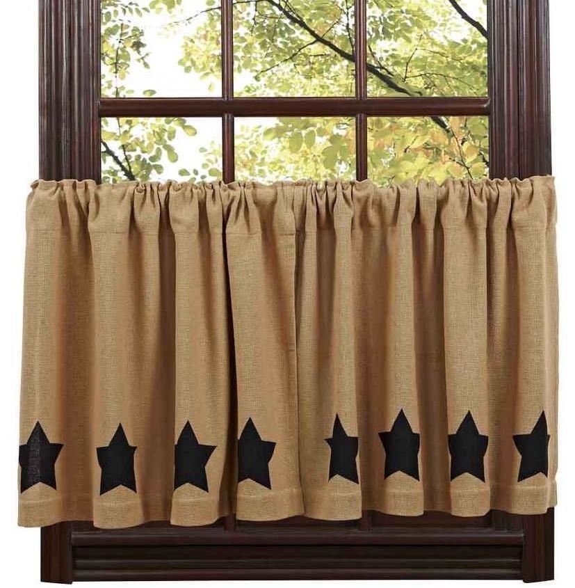 24″ L Burlap Natural Window Tier Set with Black Stencil Stars Cafe Curtains