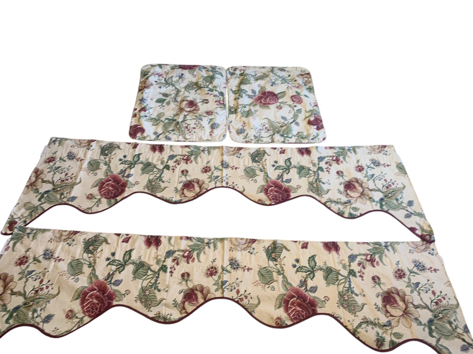 French Country Cottage Shabby Valances & Shams Floral Off White Green Cotton Lot