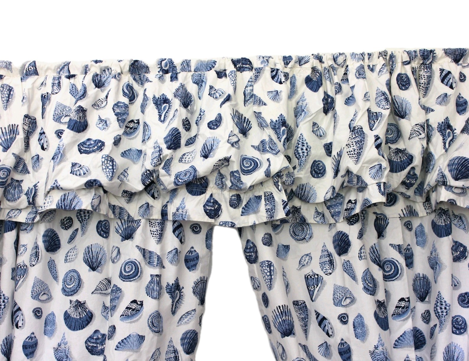 Custom Seashell Toile Coastal Curtains & Valance Blue White 100% Cotton Vtg Set